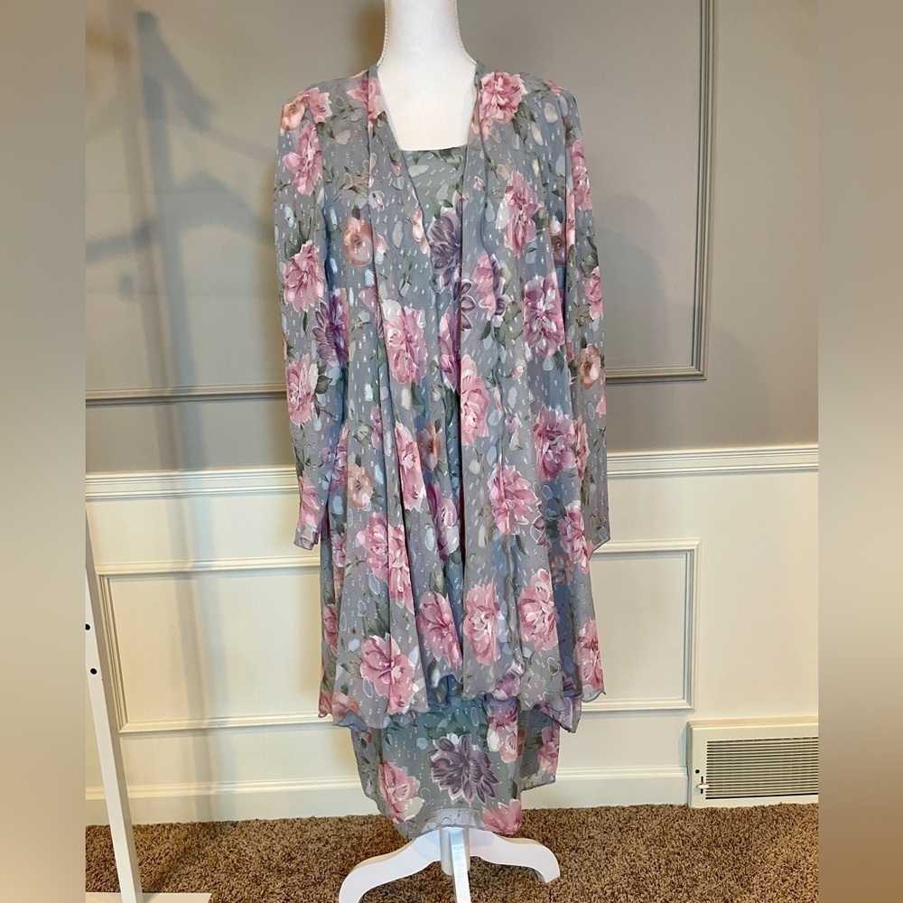 Jeffrey & Dara Evenings by Tom Barra 10 dress set cardigan floral 80s gray pink - Picture 5 of 7
